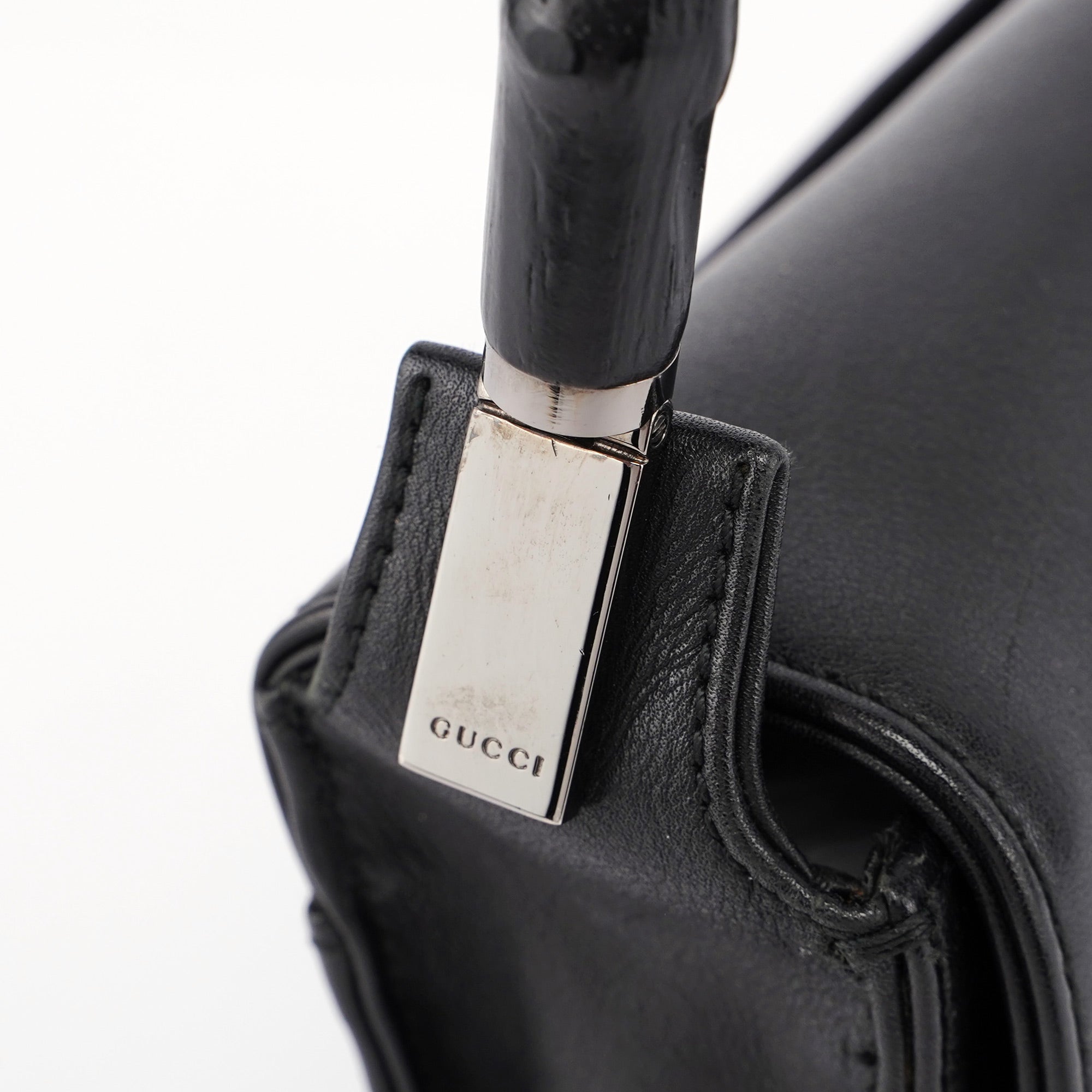 Black Calfskin Bamboo Flap Shoulder Bag