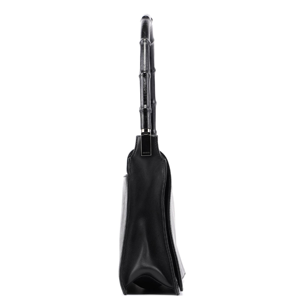 Black Calfskin Bamboo Flap Shoulder Bag