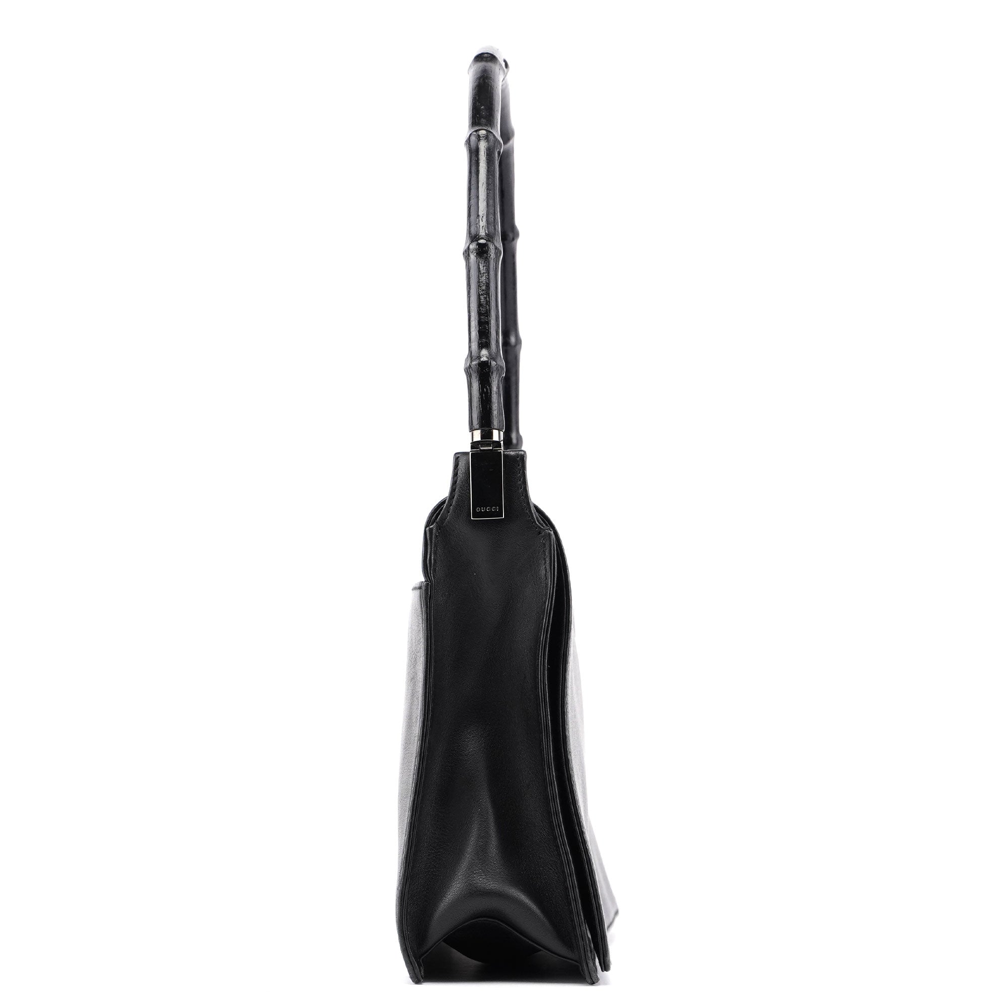 Black Calfskin Bamboo Flap Shoulder Bag