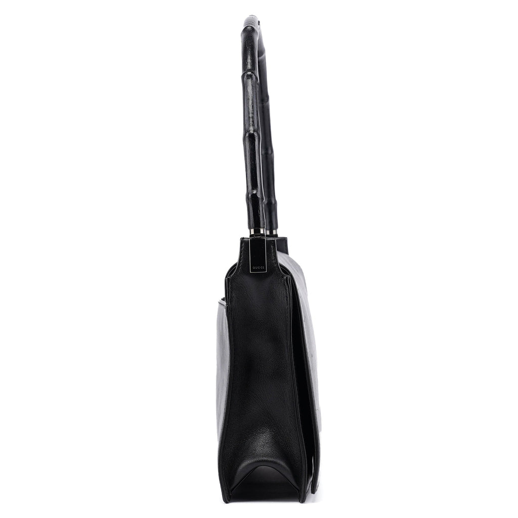 Black Calfskin Bamboo Flap Shoulder Bag