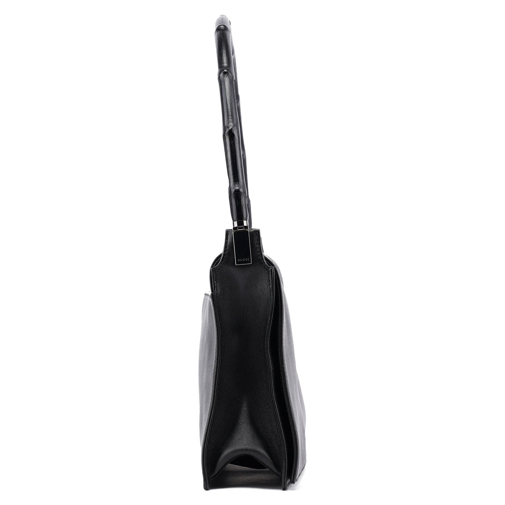 Black Calfskin Bamboo Flap Shoulder Bag