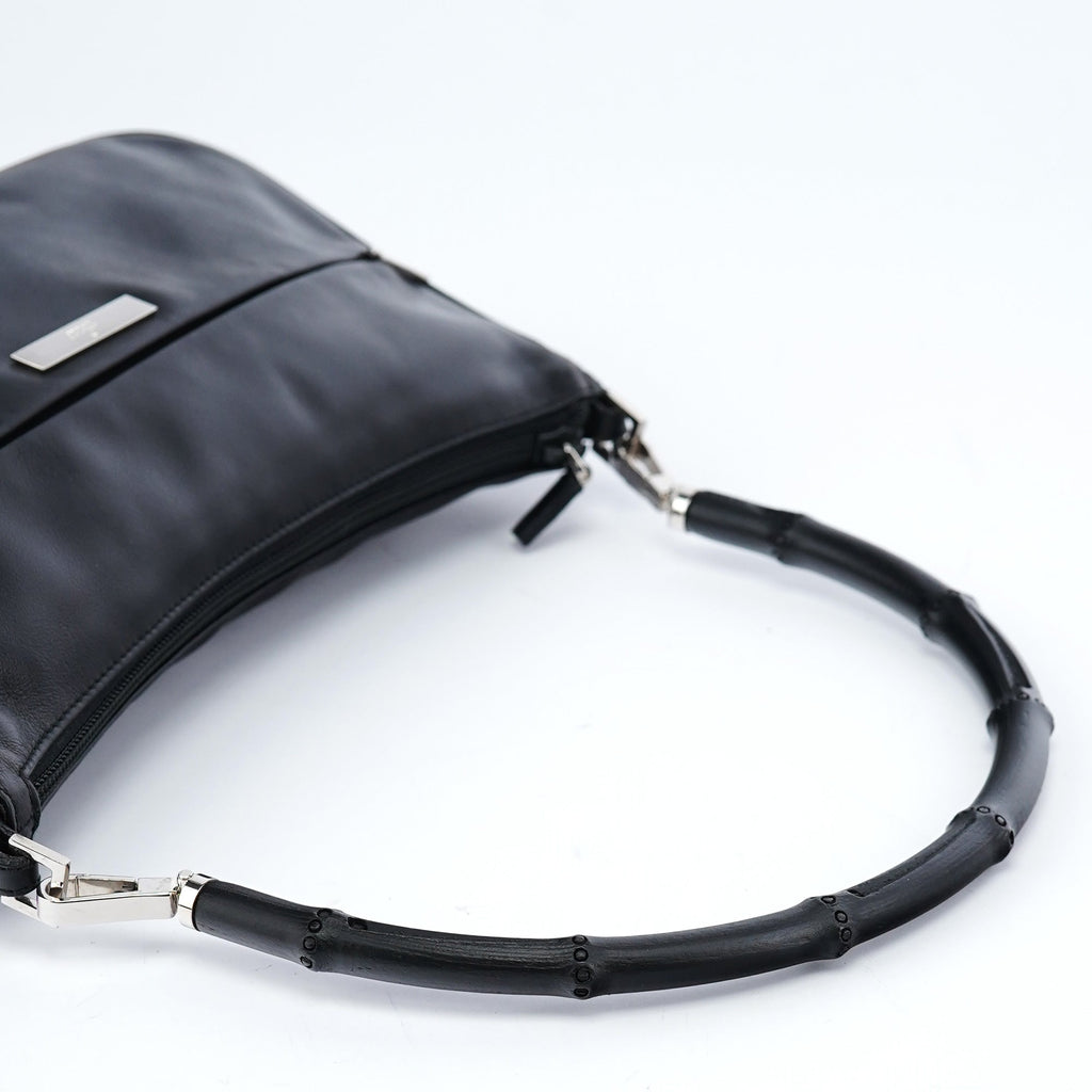 Black Calfskin Bamboo Shoulder Bag