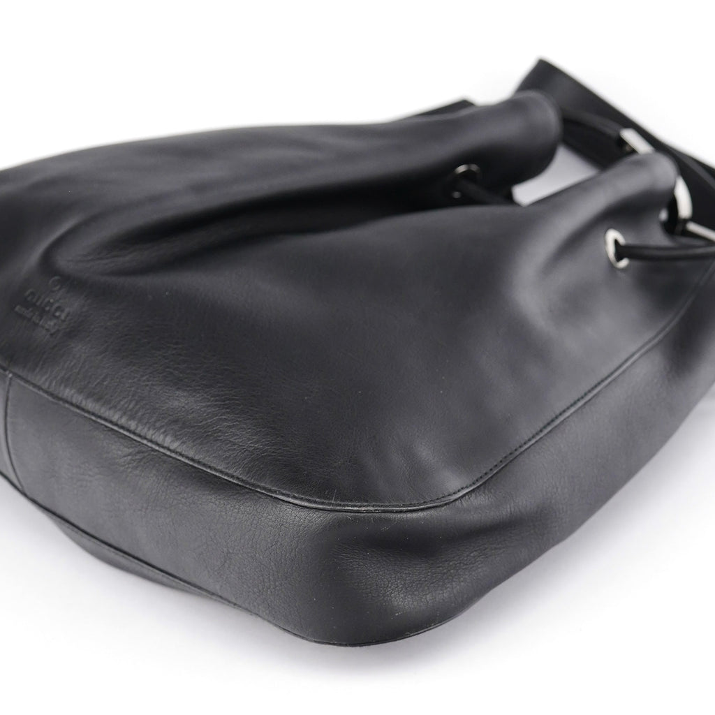 Black Calfskin Drawstring Shoulder Bag