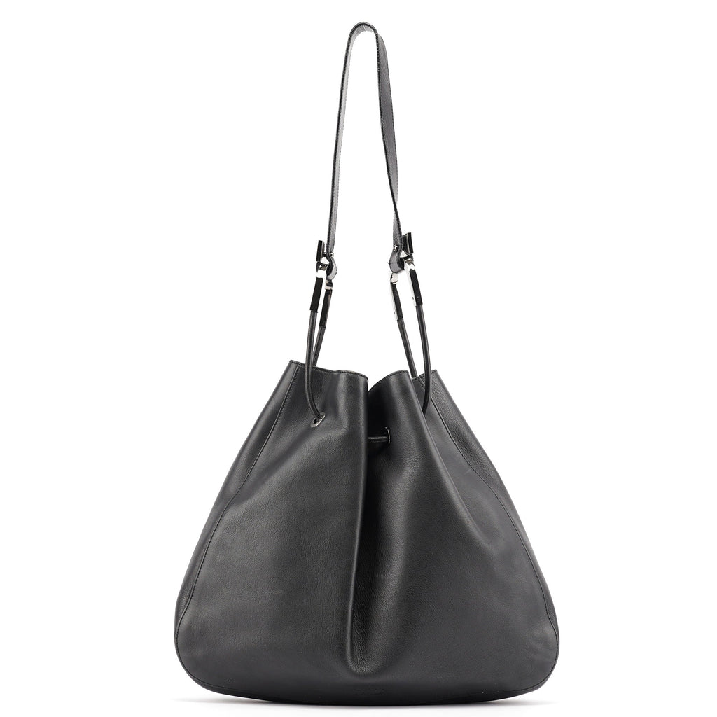 Black Calfskin Drawstring Shoulder Bag