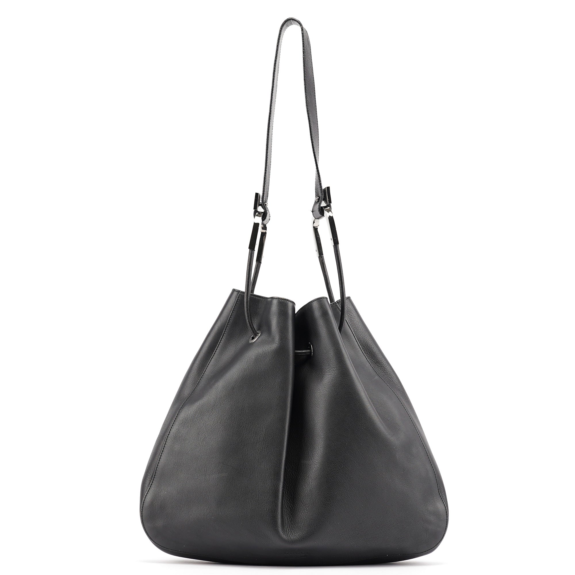 Black Calfskin Drawstring Shoulder Bag