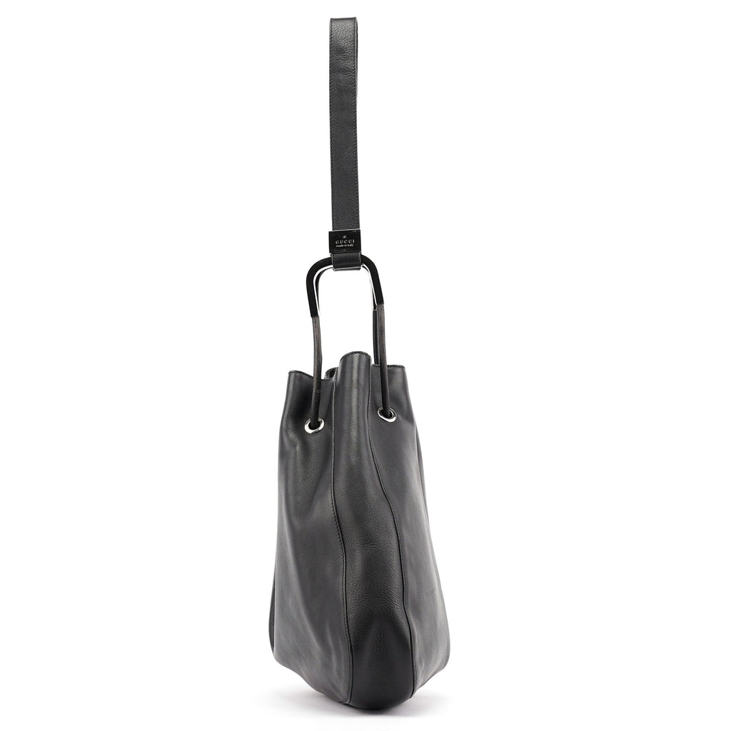 Black Calfskin Drawstring Shoulder Bag