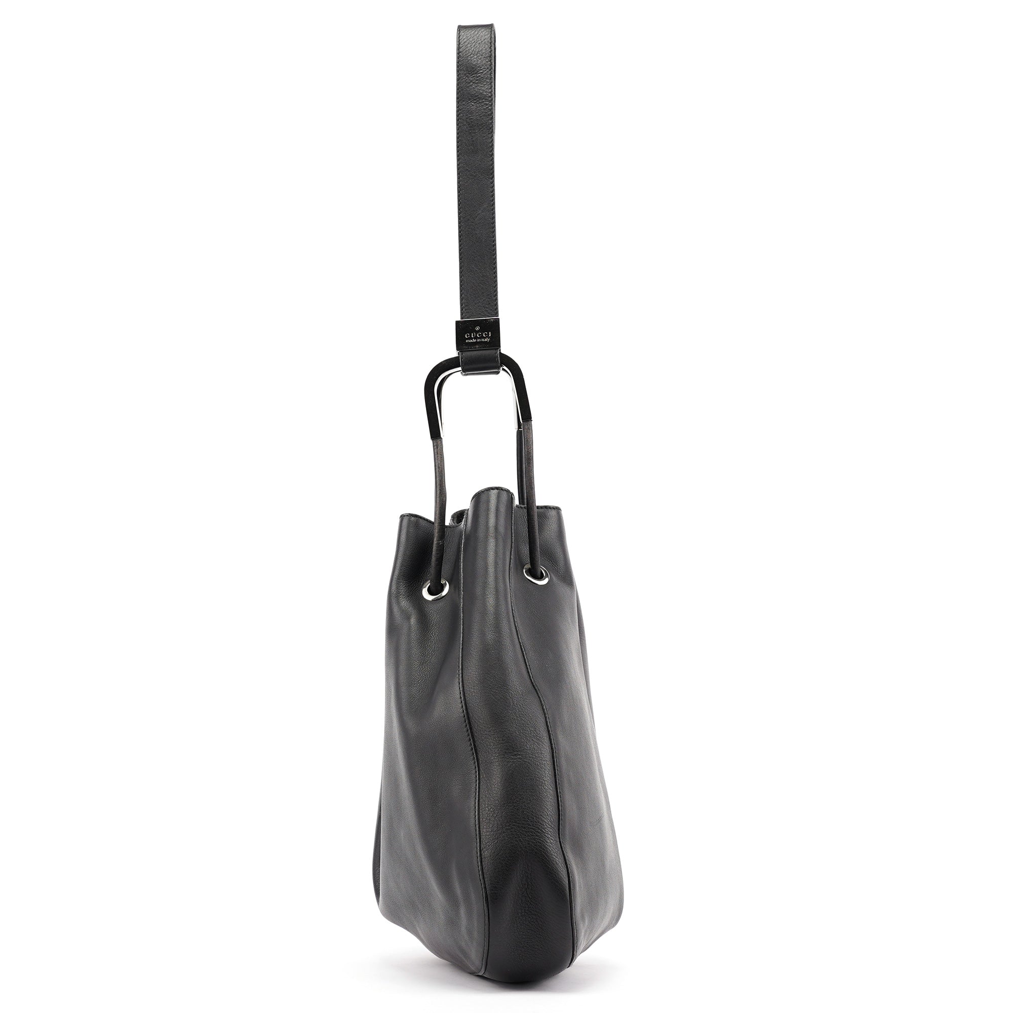Black Calfskin Drawstring Shoulder Bag