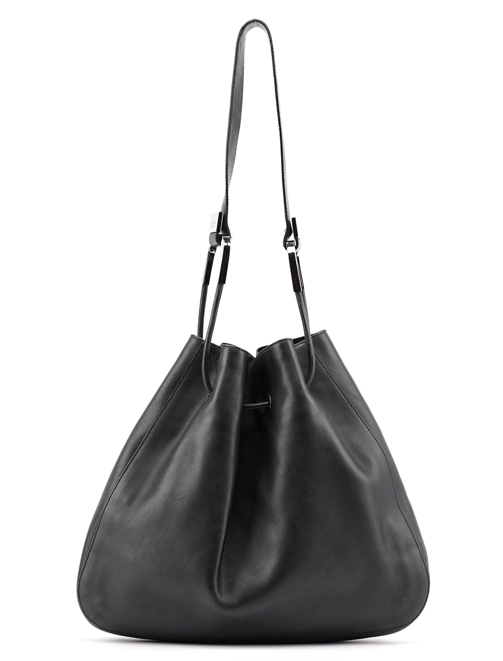 Black Calfskin Drawstring Shoulder Bag