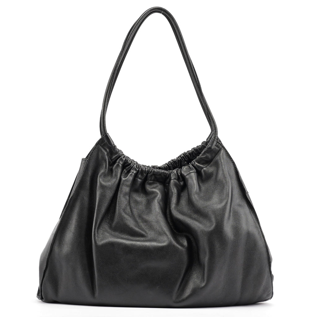 Black Calfskin Ruched Shoulder Bag