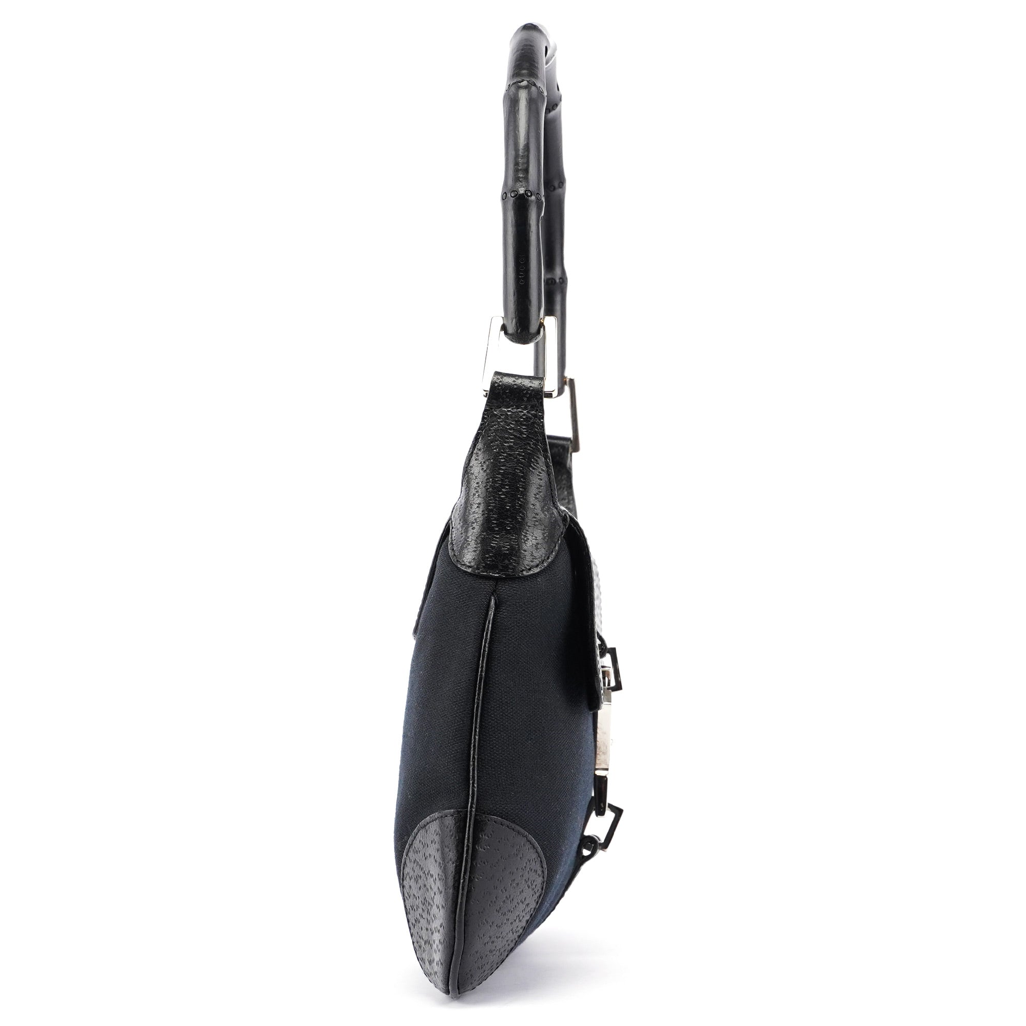 Black Canvas Leather Jackie Bamboo Shoulder Bag