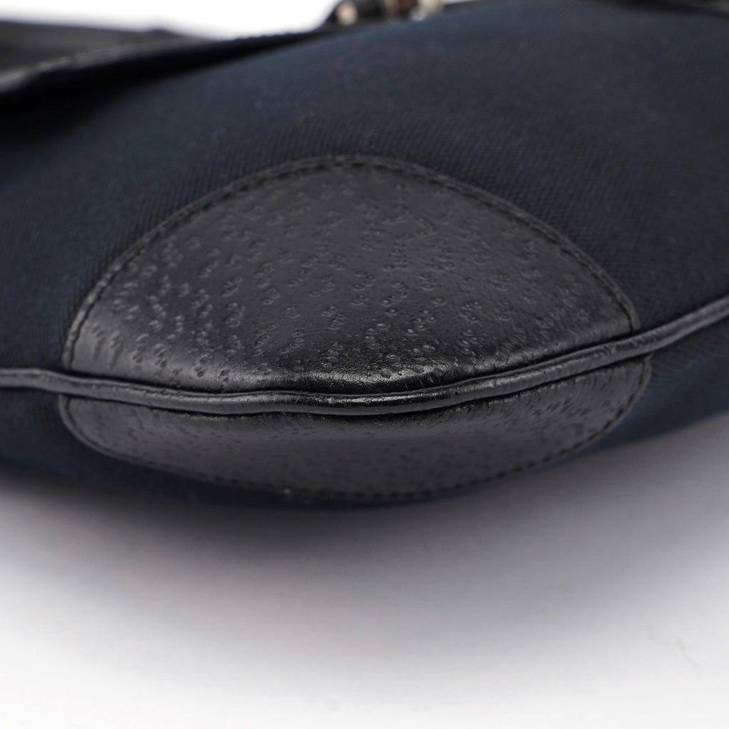 Black Canvas Leather Jackie Bamboo Shoulder Bag