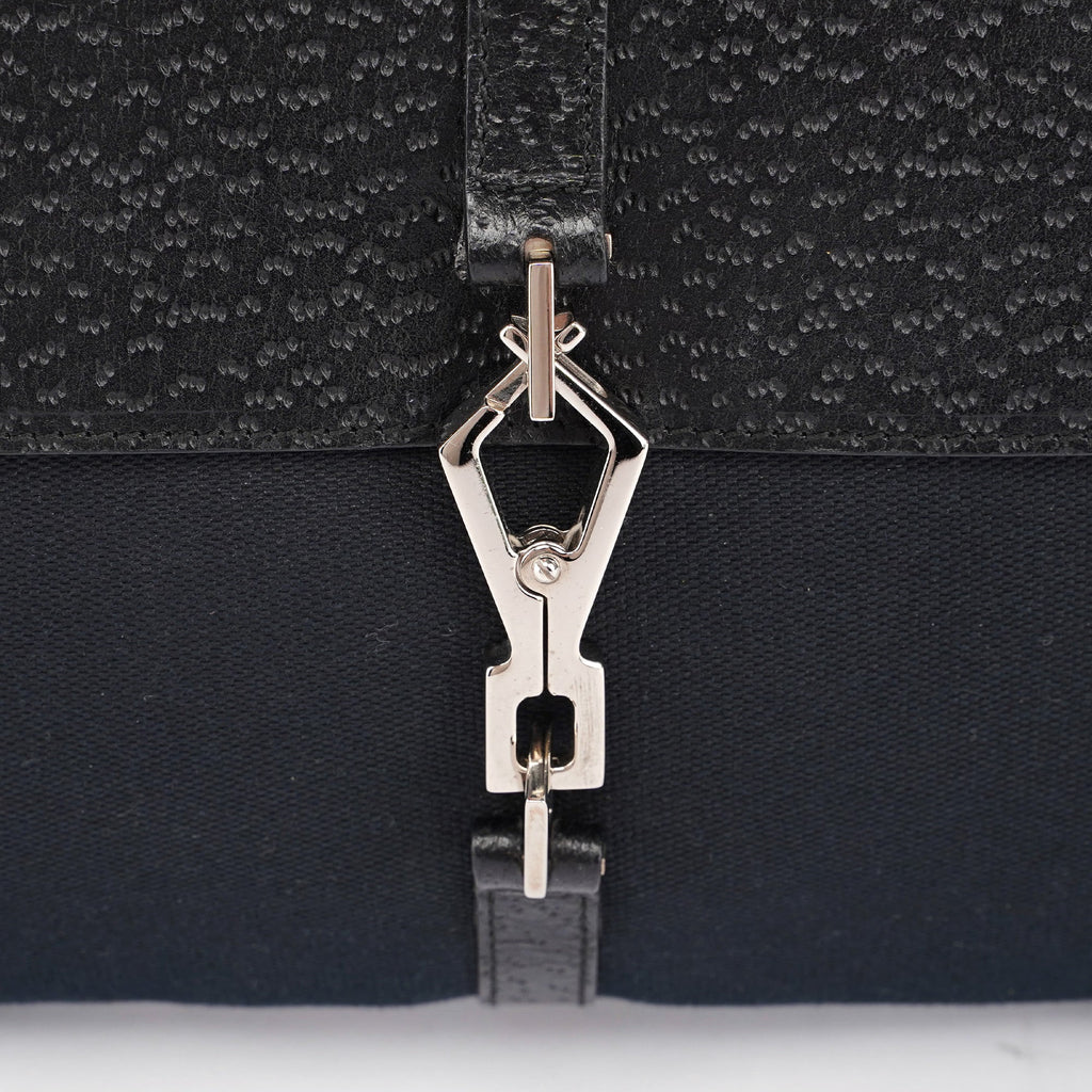 Black Canvas Leather Jackie Bamboo Shoulder Bag
