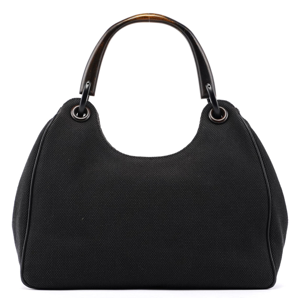Black Canvas Wood Handle Shoulder Bag