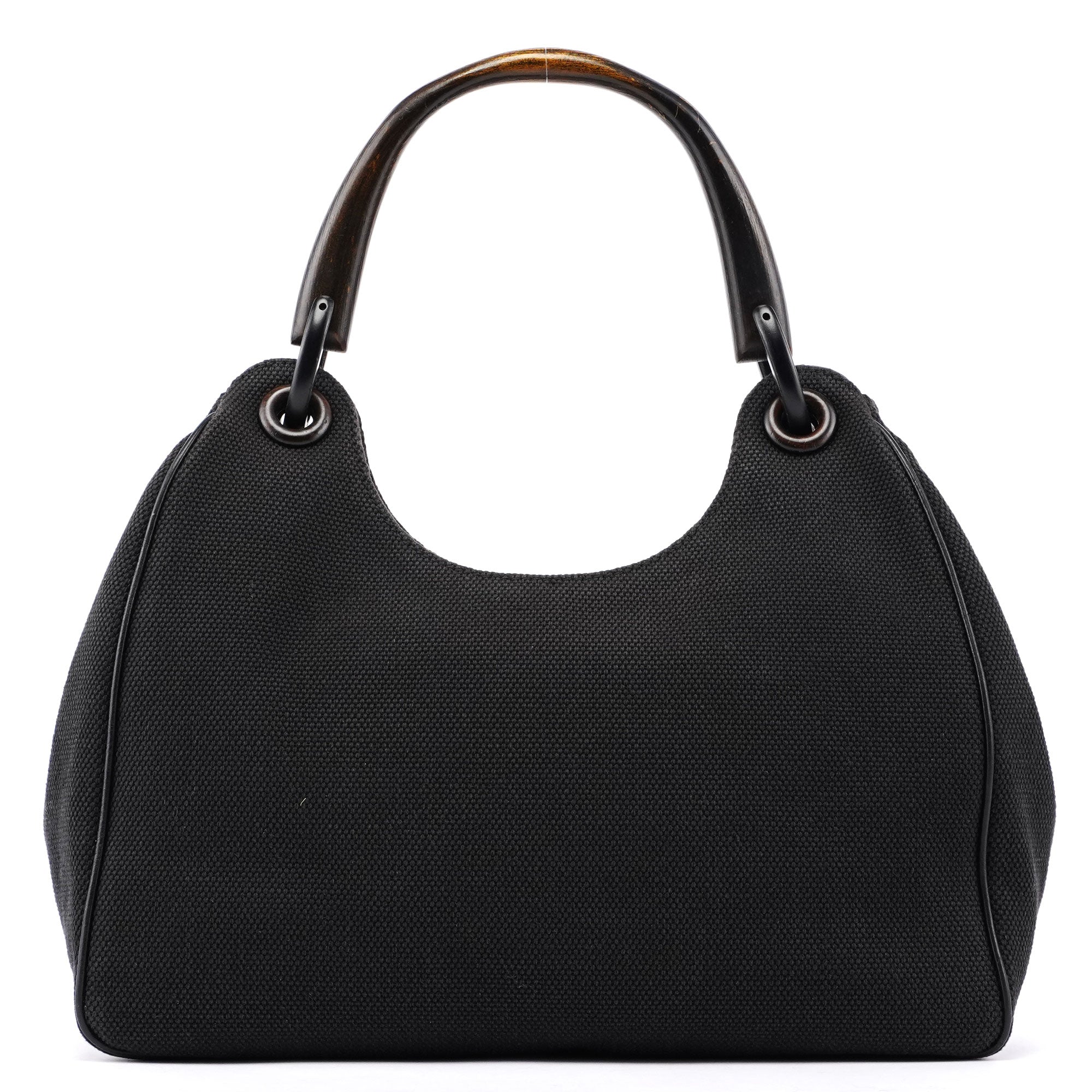 Black Canvas Wood Handle Shoulder Bag