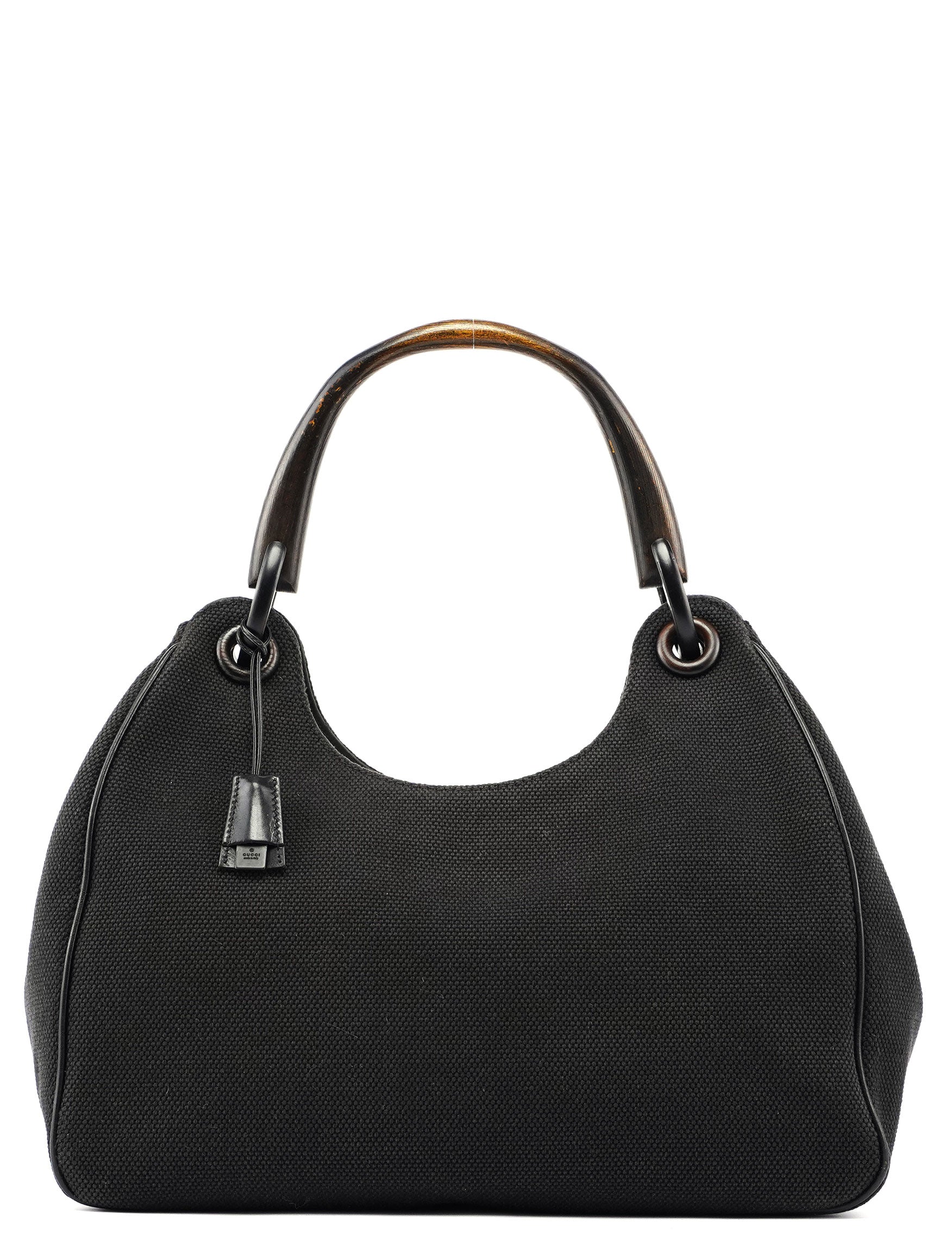 Black Canvas Wood Handle Shoulder Bag