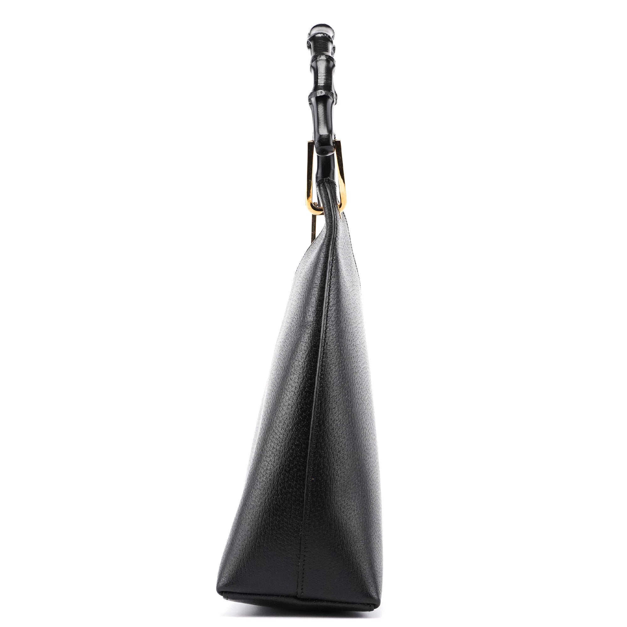 Black Leather Bamboo Shoulder Bag W/ Pouch