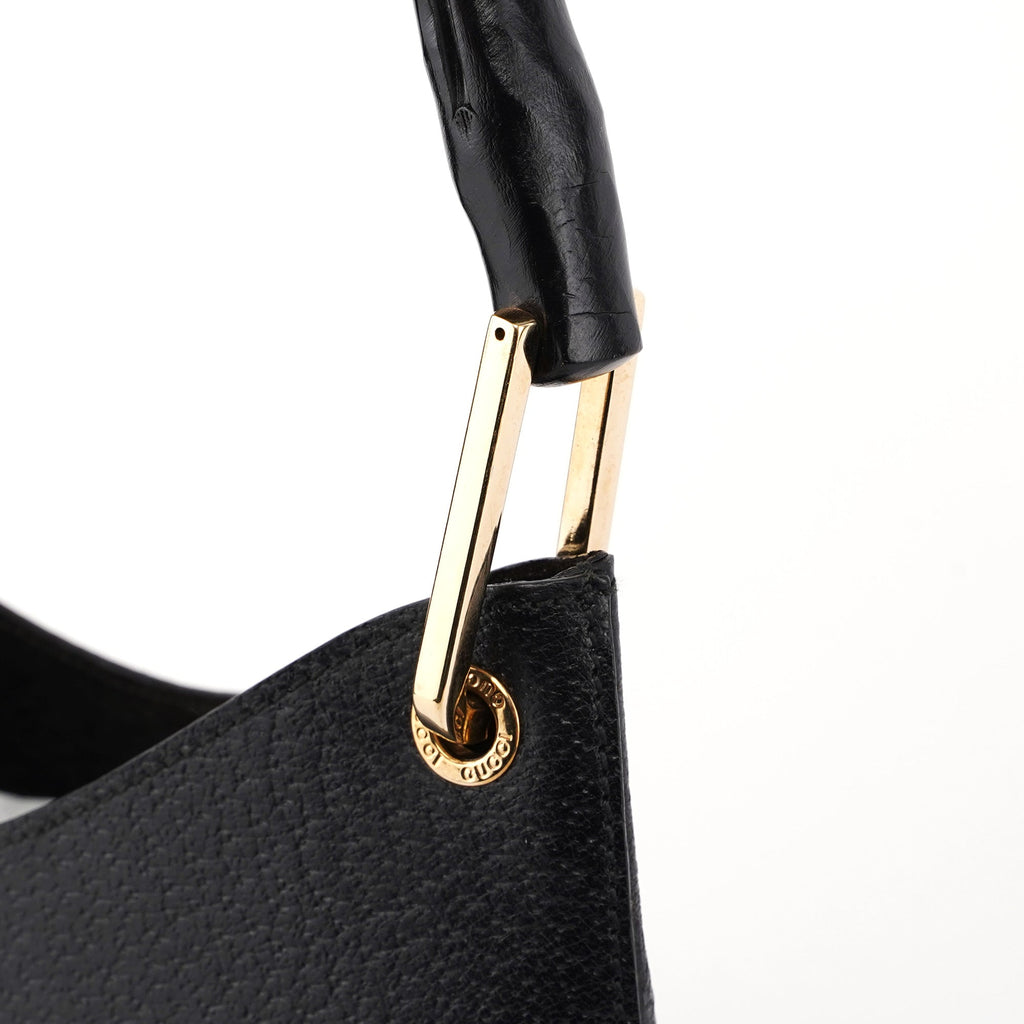 Black Leather Bamboo Shoulder Bag W/ Pouch