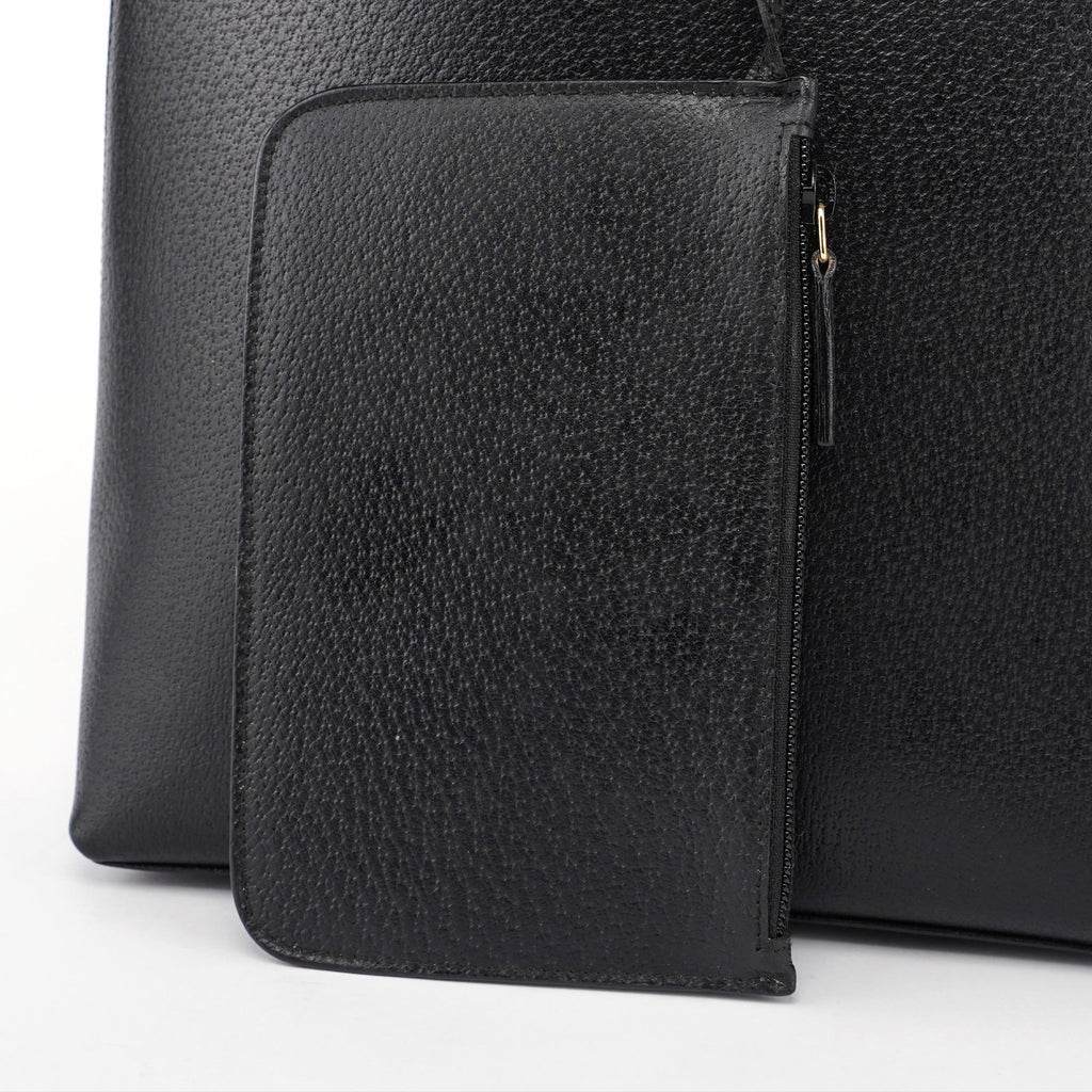 Black Leather Bamboo Shoulder Bag W/ Pouch