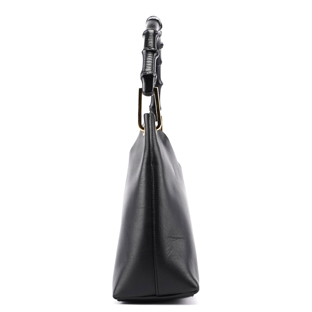 Black Leather Bamboo Shoulder Bag W/ Pouch