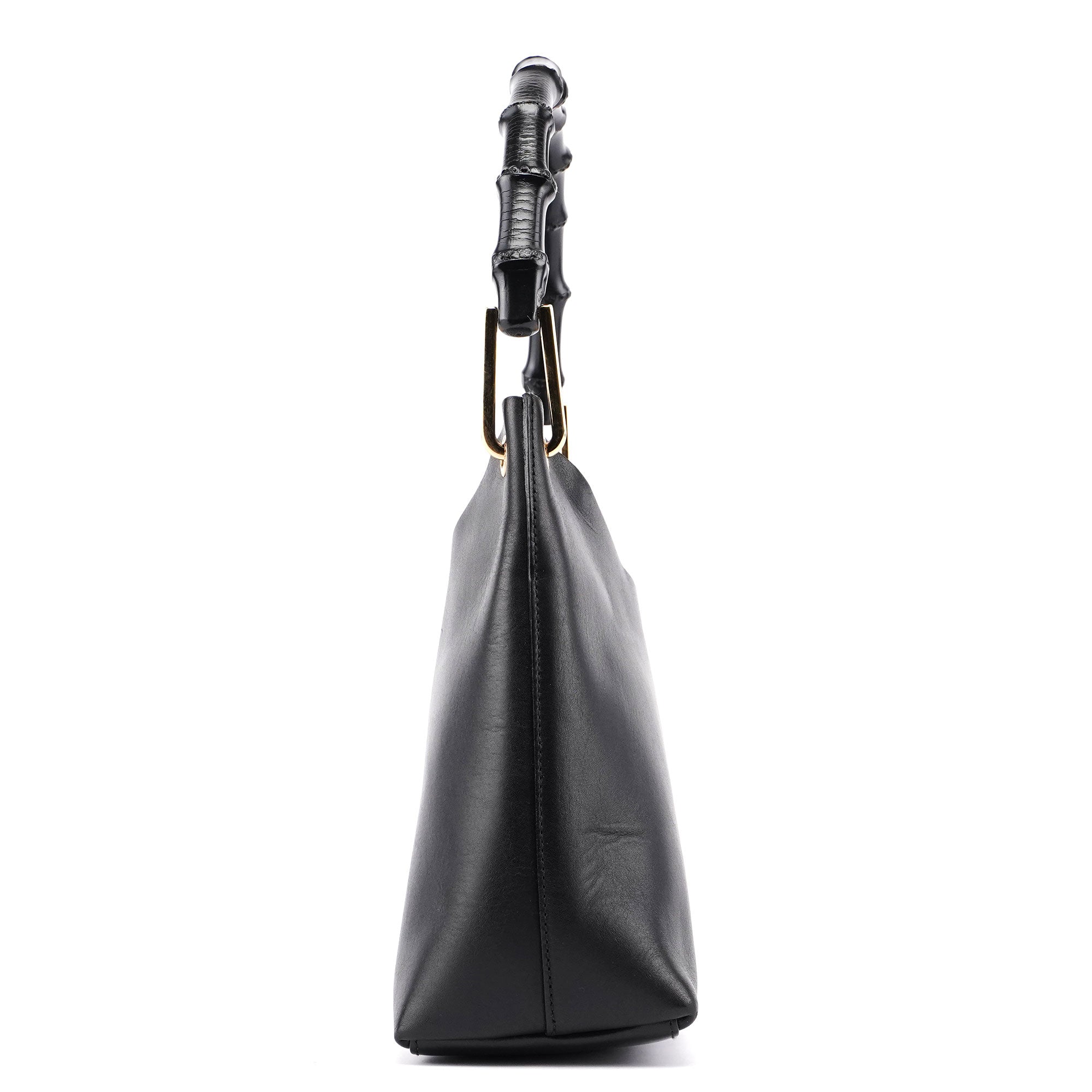 Black Leather Bamboo Shoulder Bag W/ Pouch