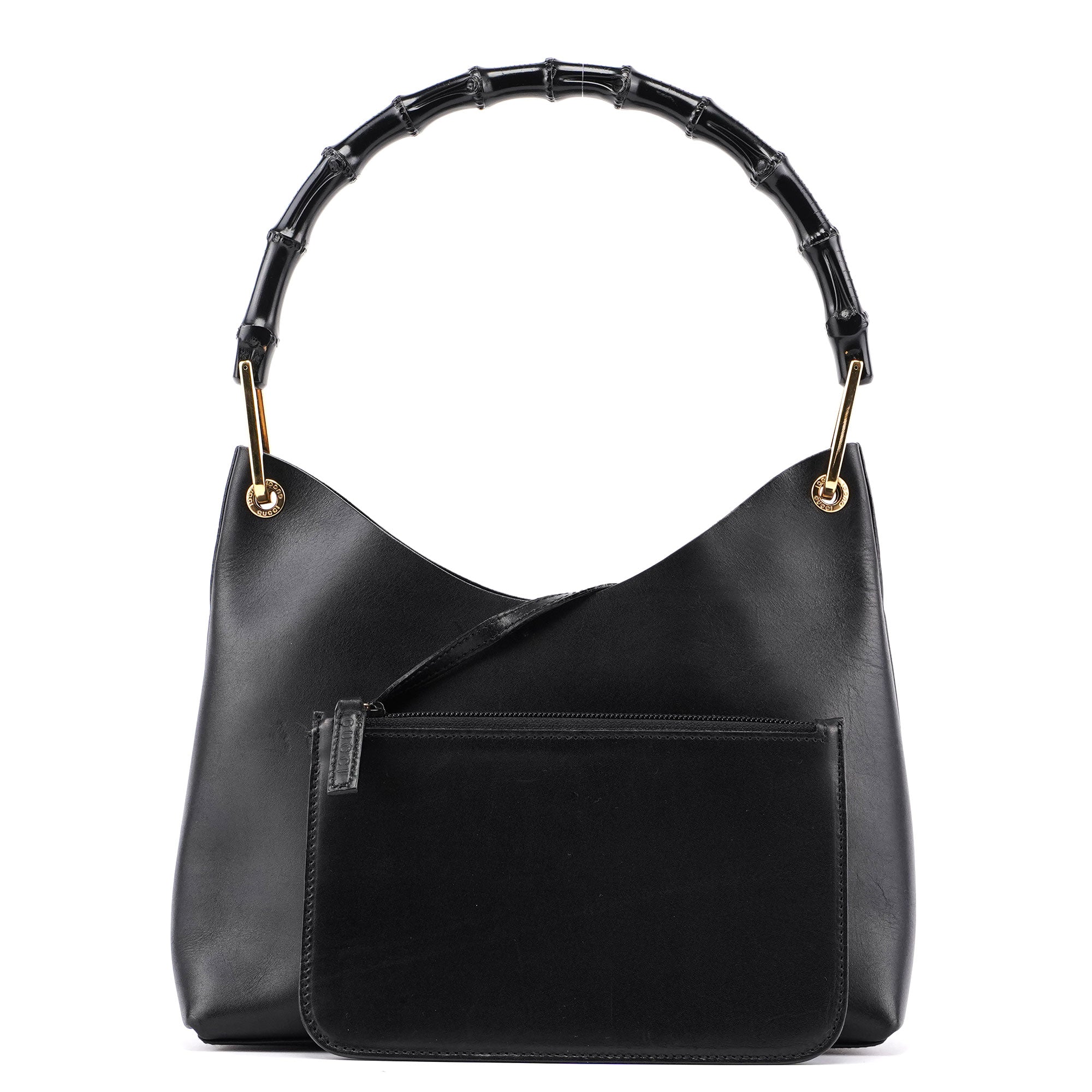 Black Leather Bamboo Shoulder Bag W/ Pouch