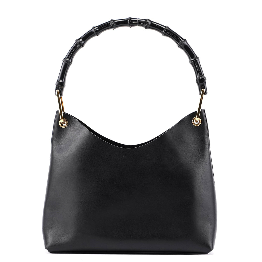 Black Leather Bamboo Shoulder Bag W/ Pouch