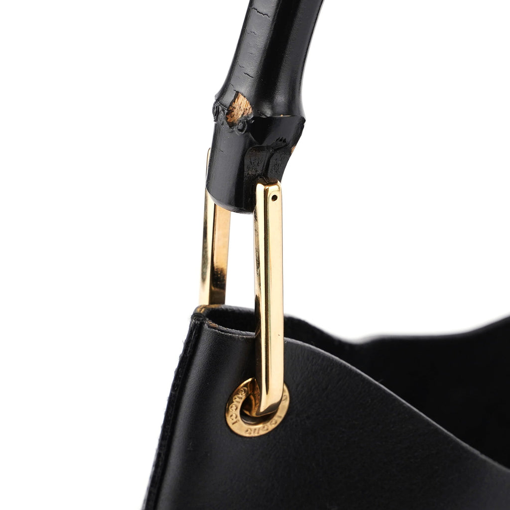 Black Leather Bamboo Shoulder Bag W/ Pouch