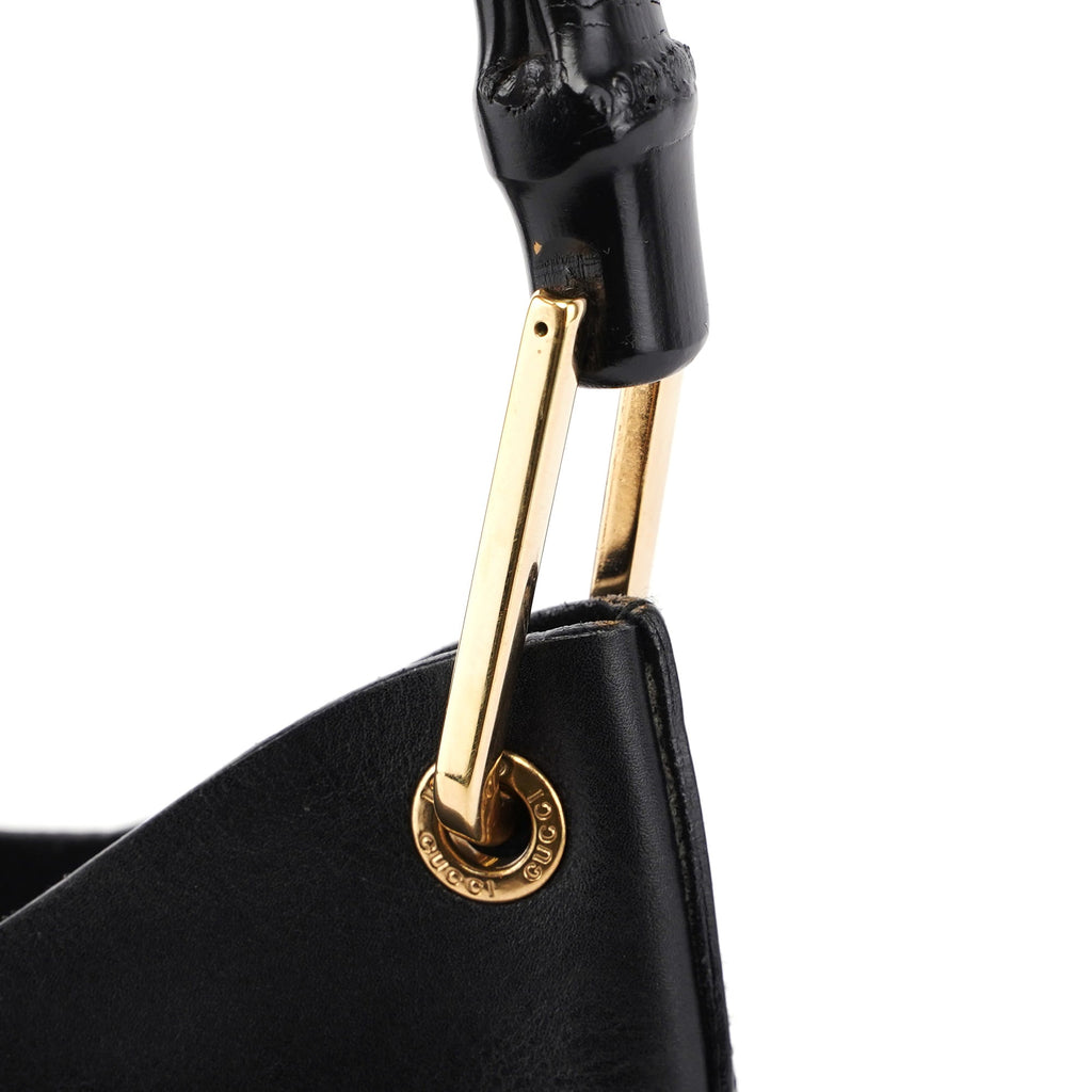 Black Leather Bamboo Shoulder Bag W/ Pouch