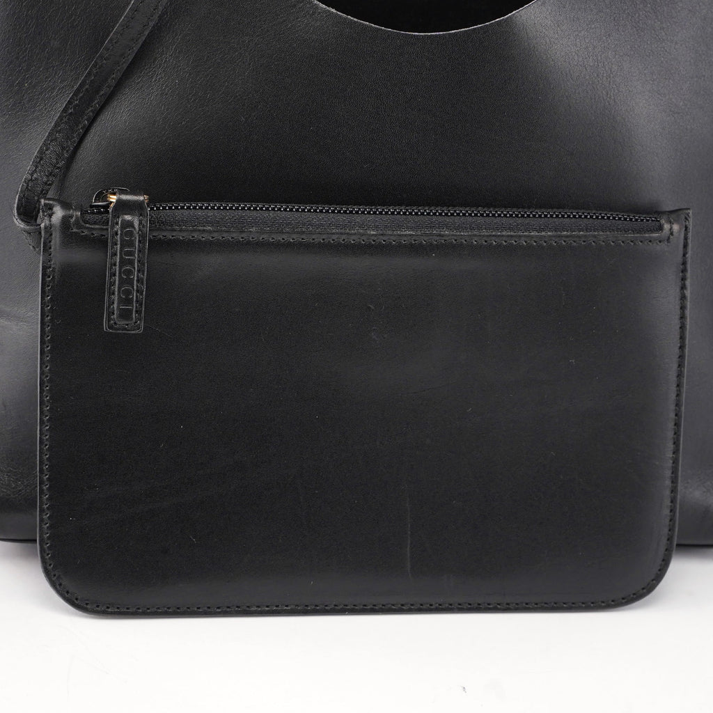 Black Leather Bamboo Shoulder Bag W/ Pouch