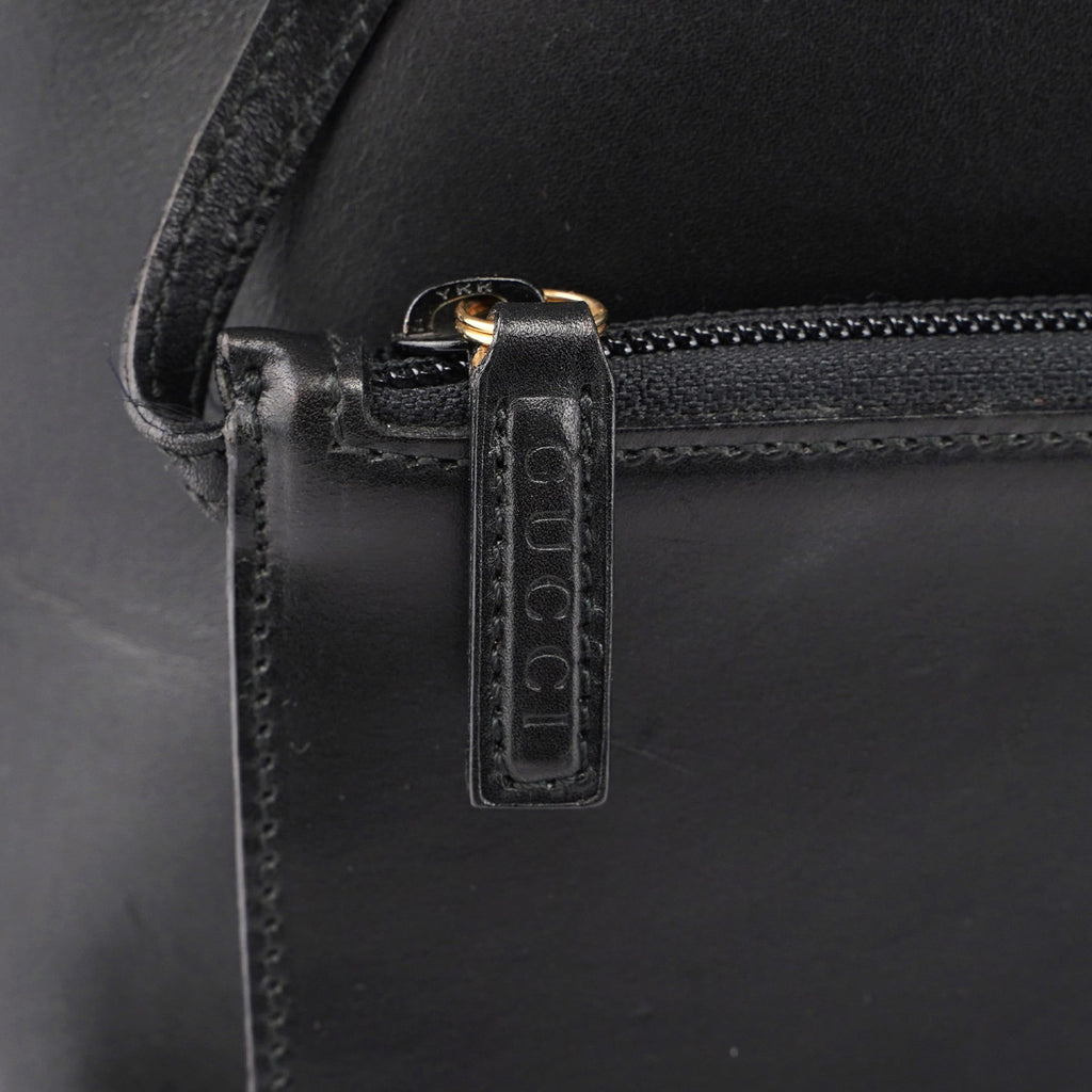 Black Leather Bamboo Shoulder Bag W/ Pouch