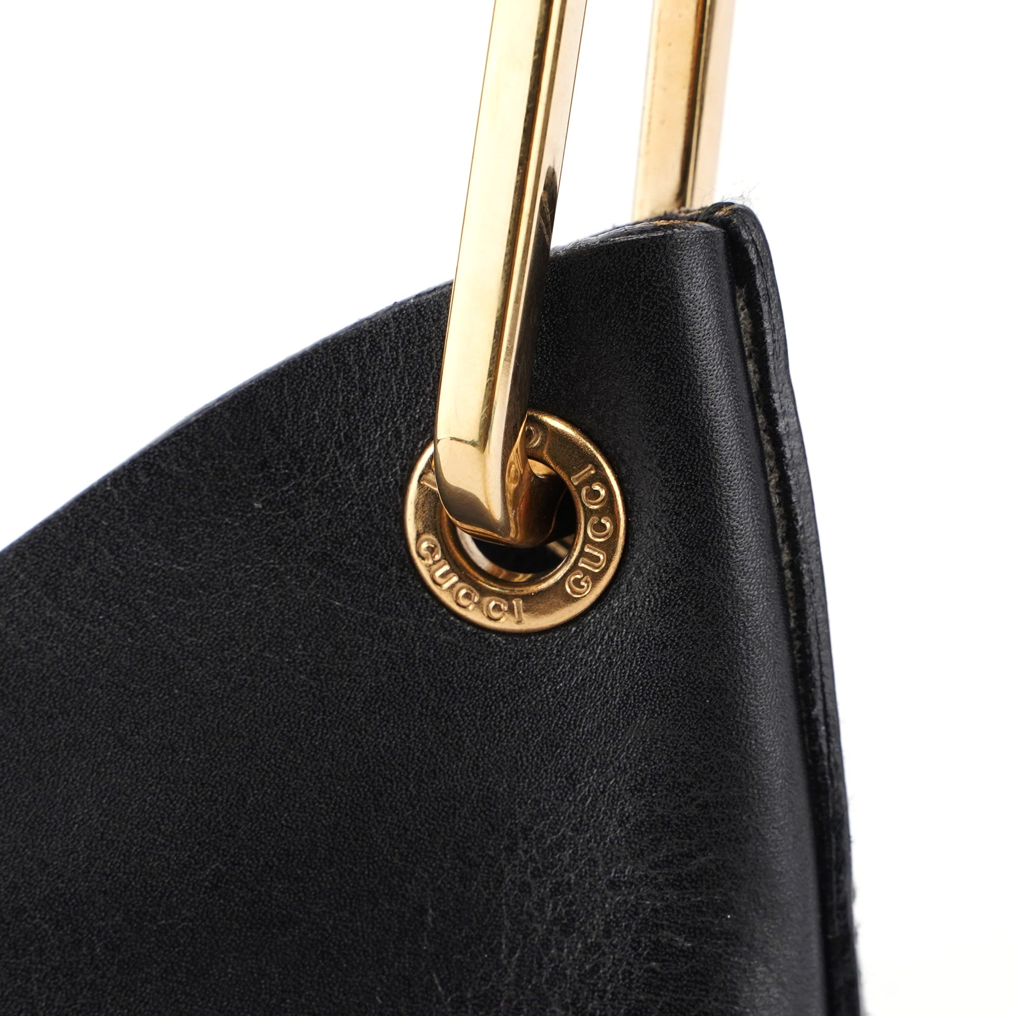 Black Leather Bamboo Shoulder Bag W/ Pouch