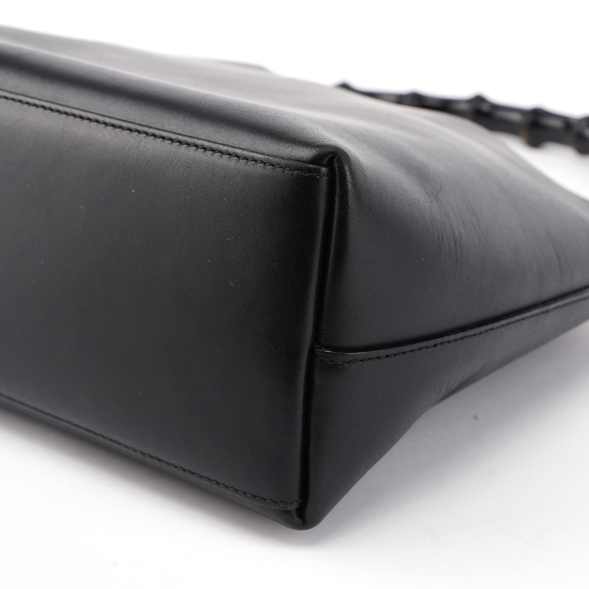 Black Leather Bamboo Shoulder Bag W/ Pouch