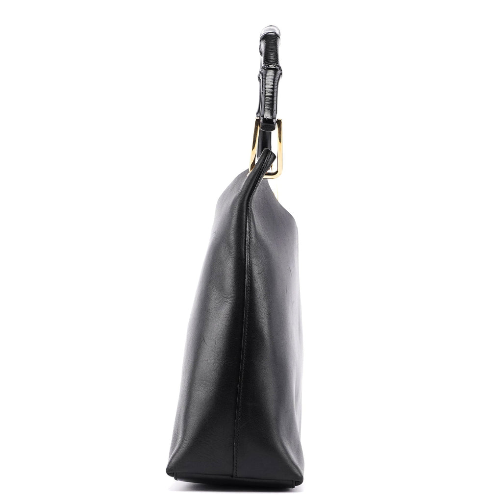 Black Leather Bamboo Shoulder Bag W/ Pouch