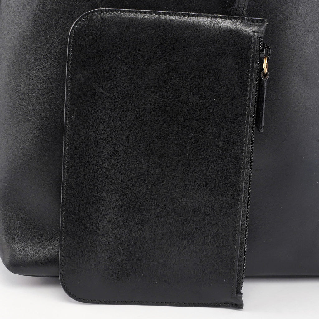 Black Leather Bamboo Shoulder Bag W/ Pouch