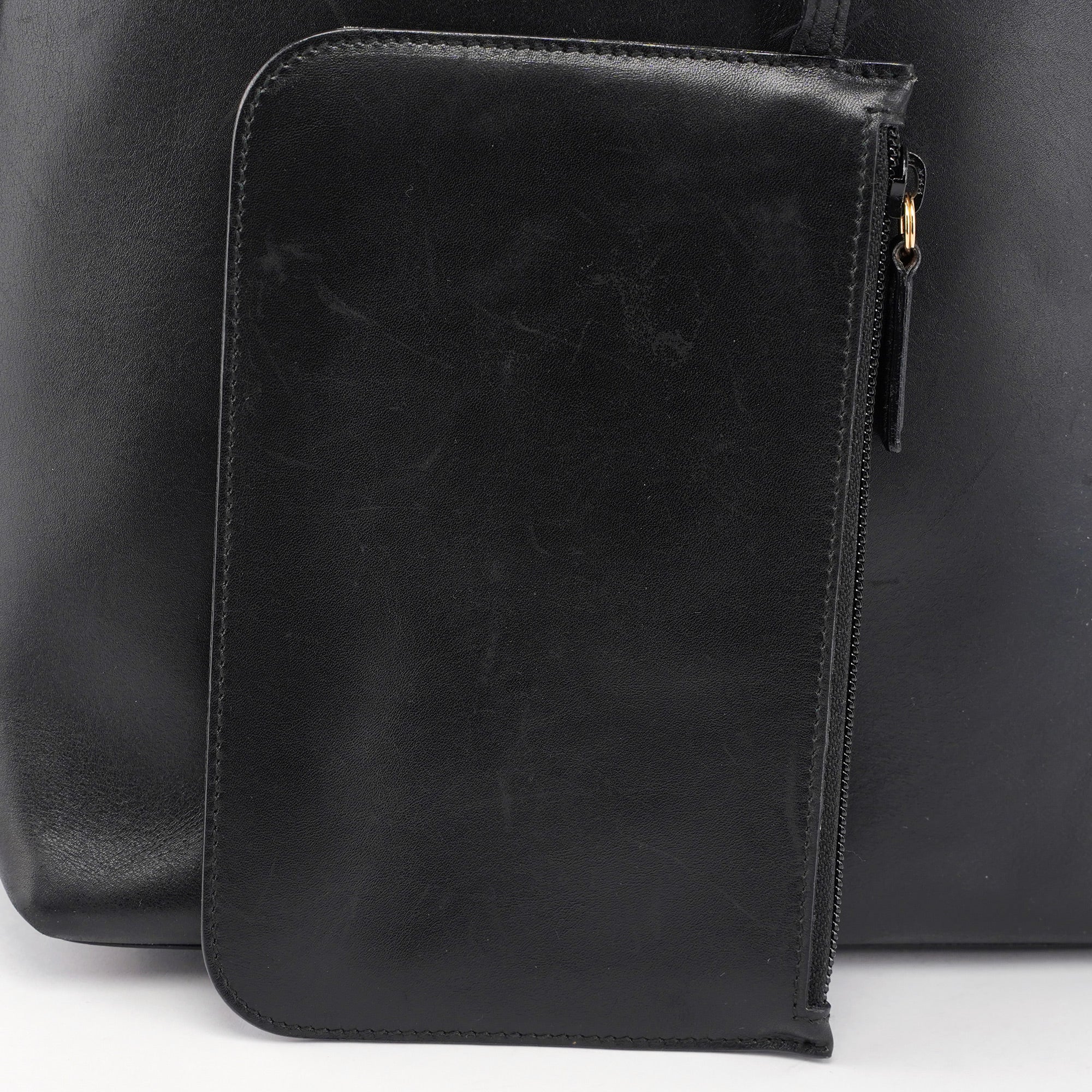 Black Leather Bamboo Shoulder Bag W/ Pouch