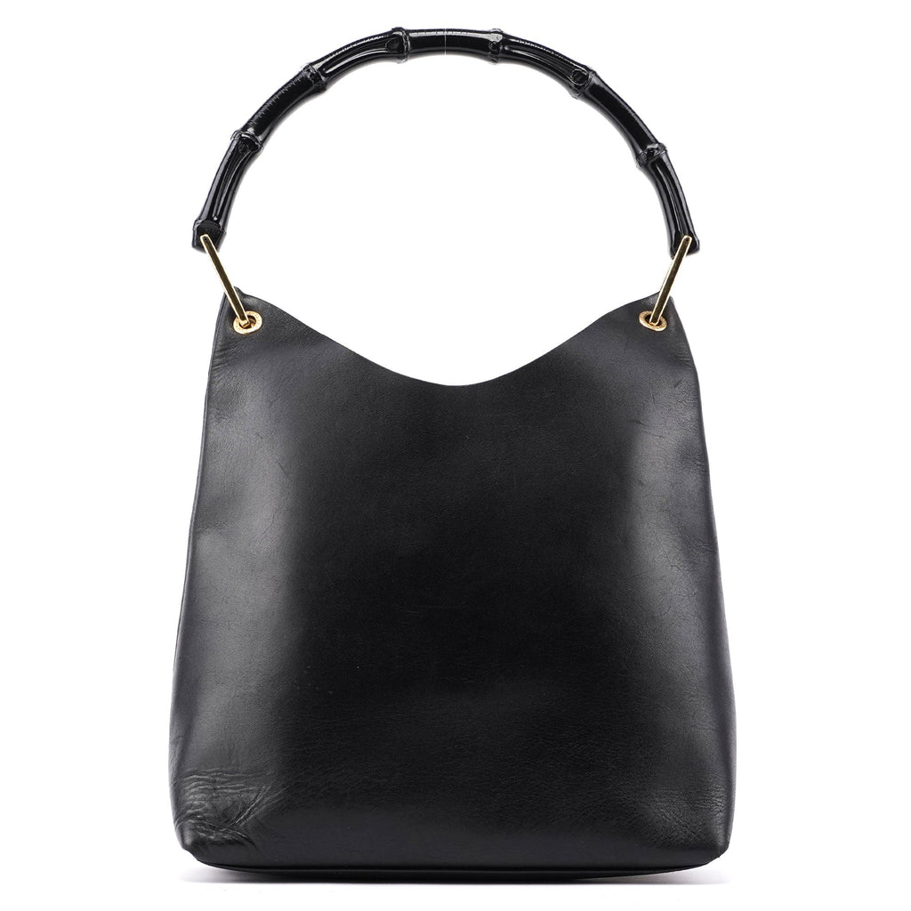 Black Leather Bamboo Shoulder Bag W/ Pouch