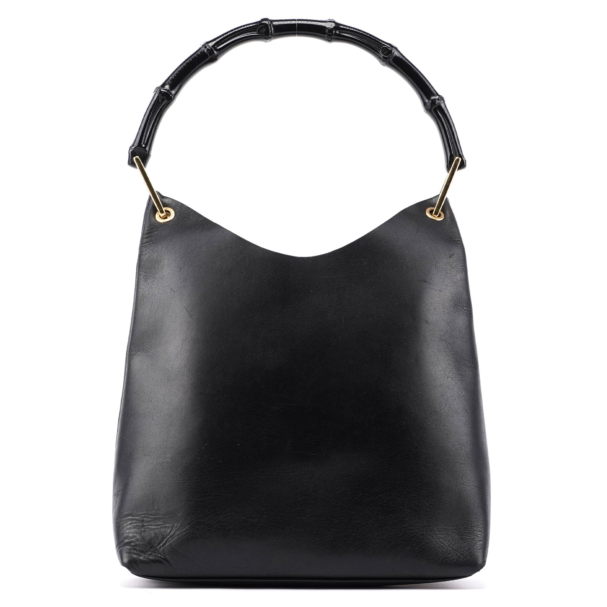 Black Leather Bamboo Shoulder Bag W/ Pouch