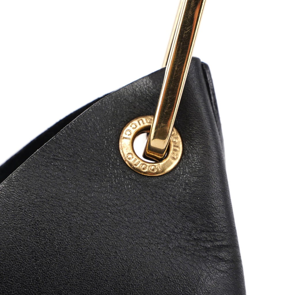 Black Leather Bamboo Shoulder Bag W/ Pouch