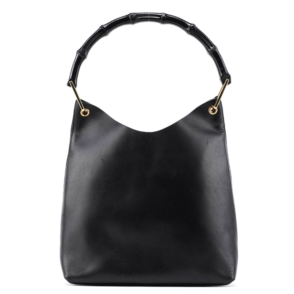 Black Leather Bamboo Shoulder Bag W/ Pouch