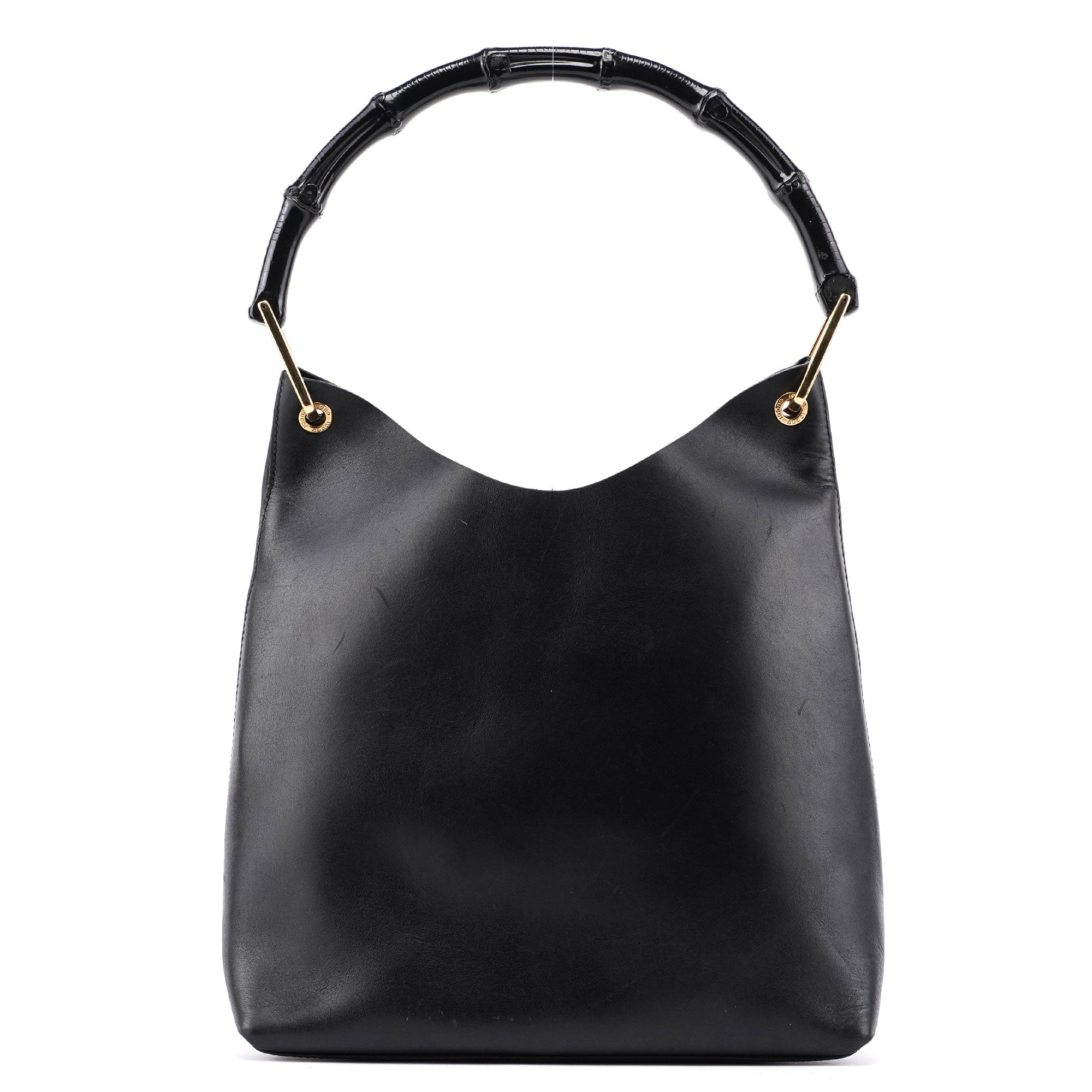 Black Leather Bamboo Shoulder Bag W/ Pouch