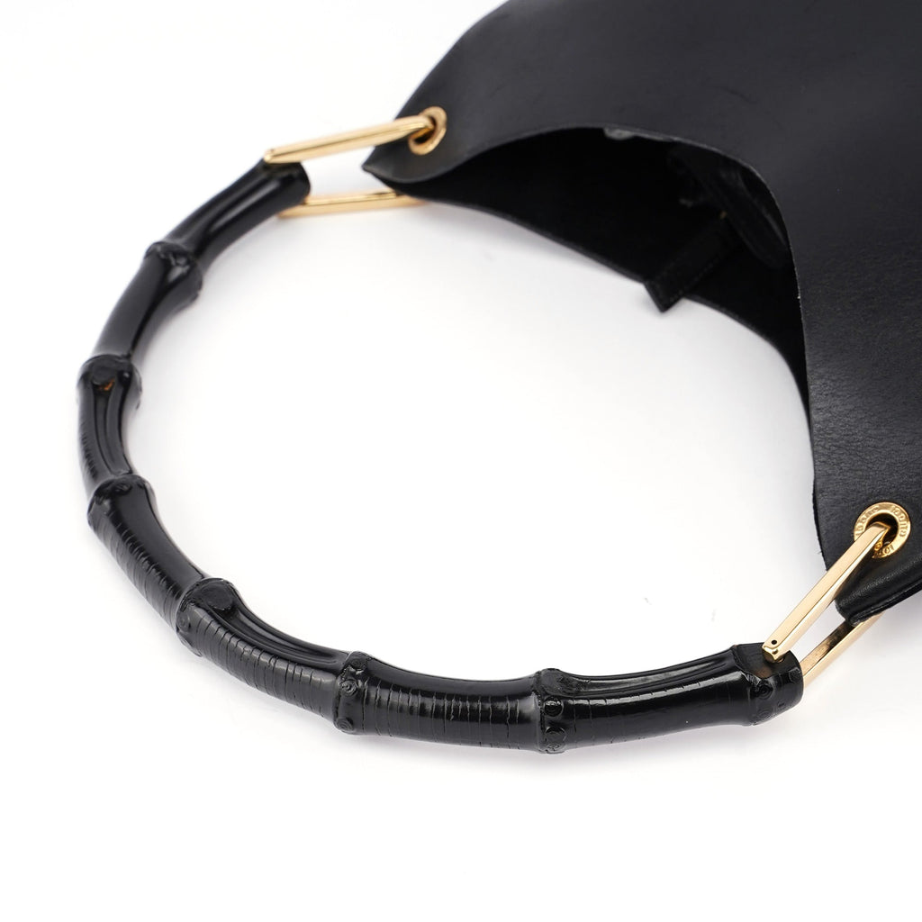 Black Leather Bamboo Shoulder Bag W/ Pouch