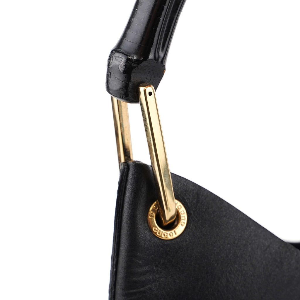 Black Leather Bamboo Shoulder Bag W/ Pouch
