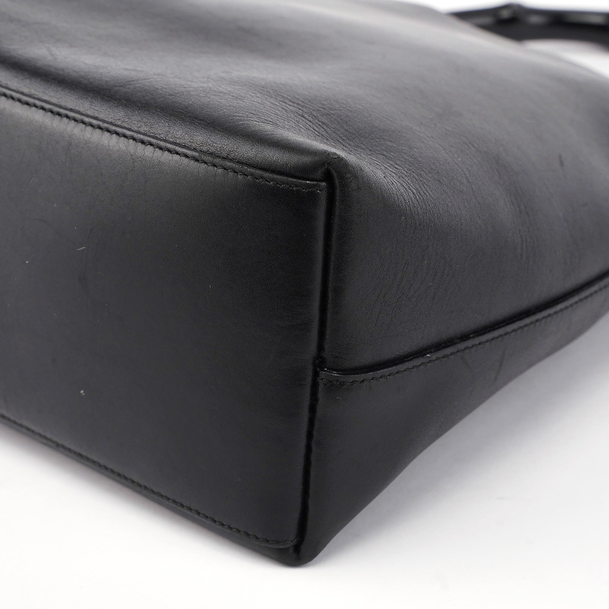 Black Leather Bamboo Shoulder Bag W/ Pouch
