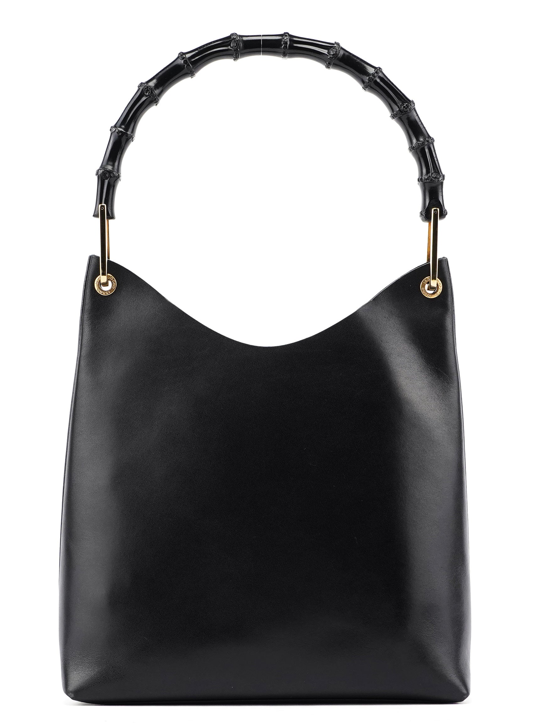 Black Leather Bamboo Shoulder Bag W/ Pouch
