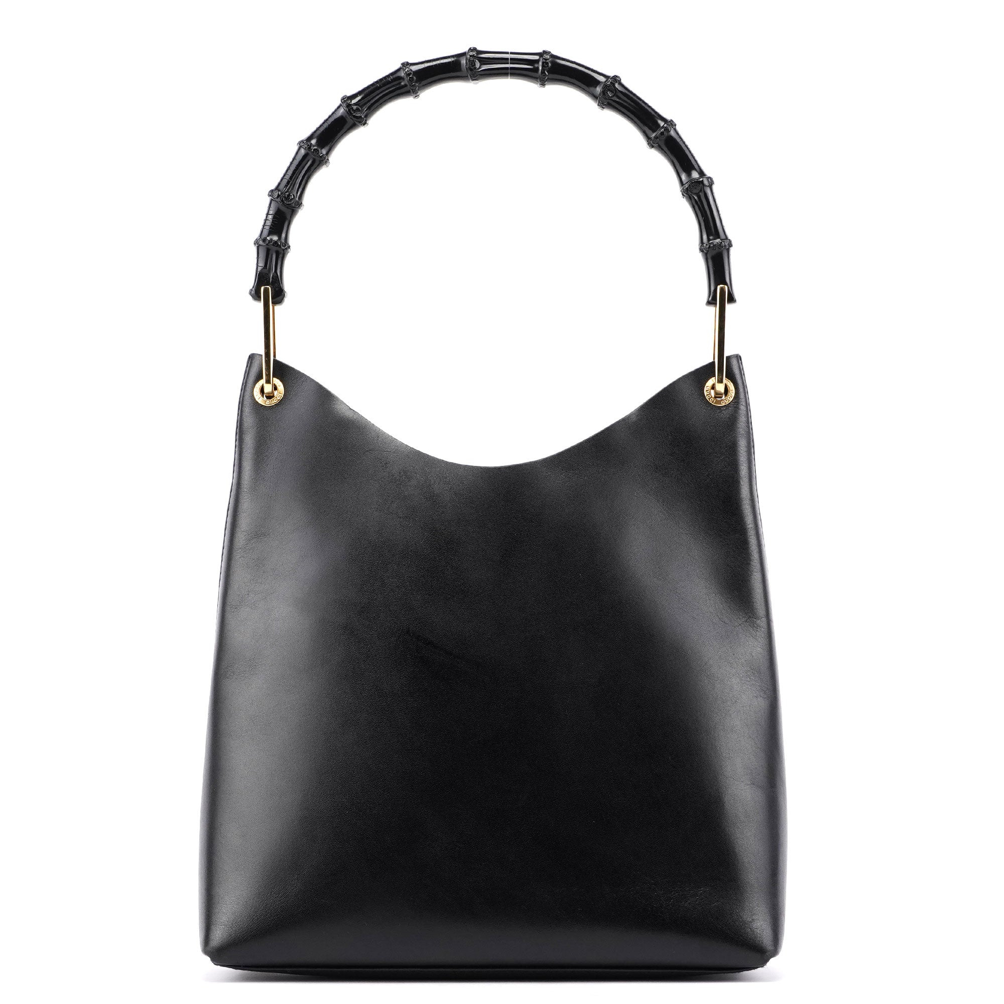 Black Leather Bamboo Shoulder Bag W/ Pouch