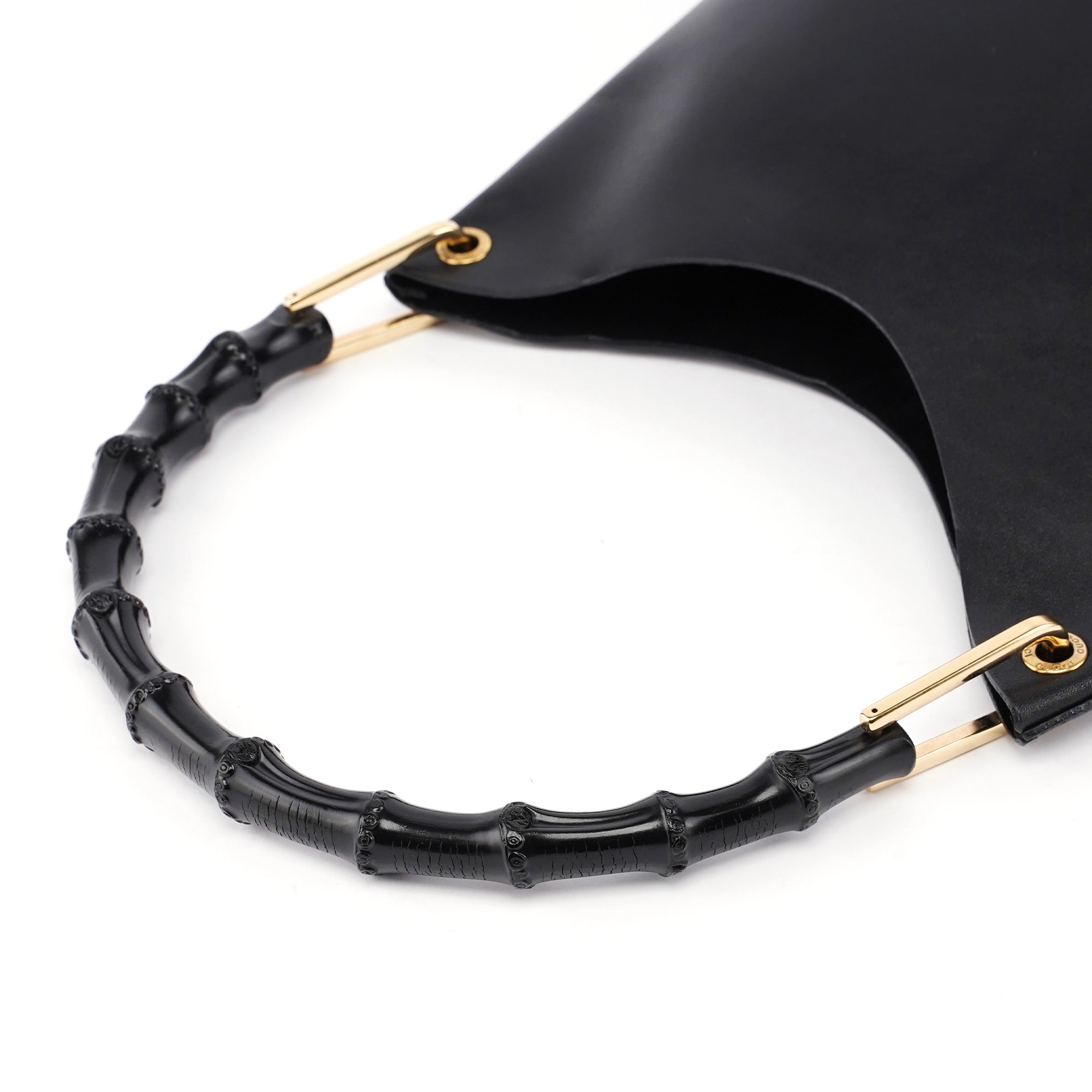 Black Leather Bamboo Shoulder Bag W/ Pouch