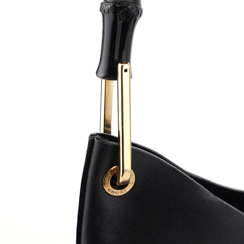Black Leather Bamboo Shoulder Bag W/ Pouch