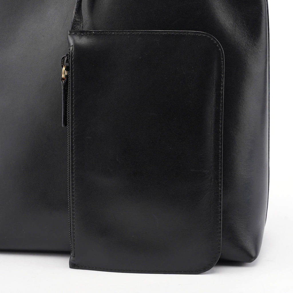 Black Leather Bamboo Shoulder Bag W/ Pouch