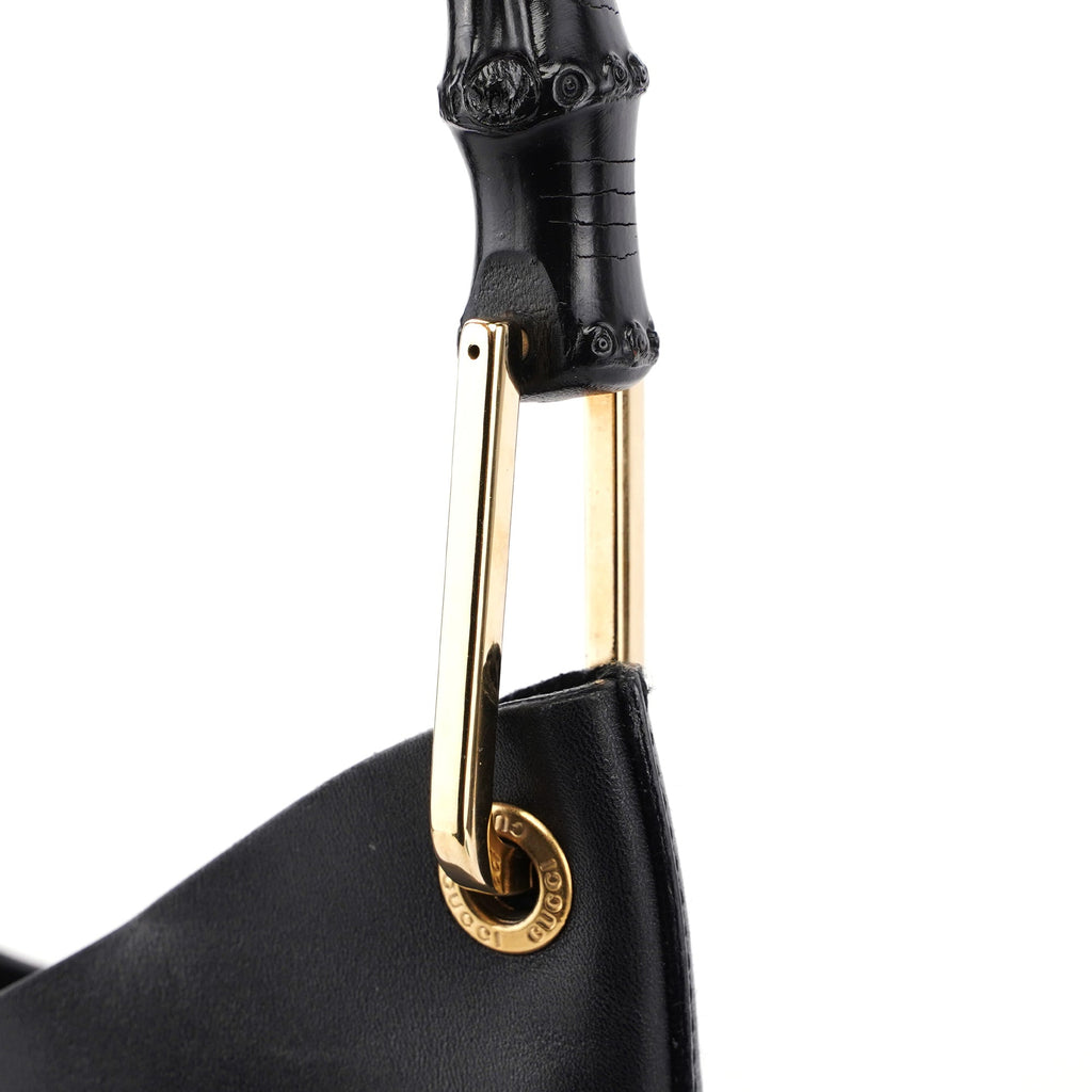 Black Leather Bamboo Shoulder Bag W/ Pouch