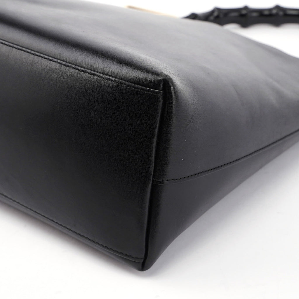 Black Leather Bamboo Shoulder Bag W/ Pouch